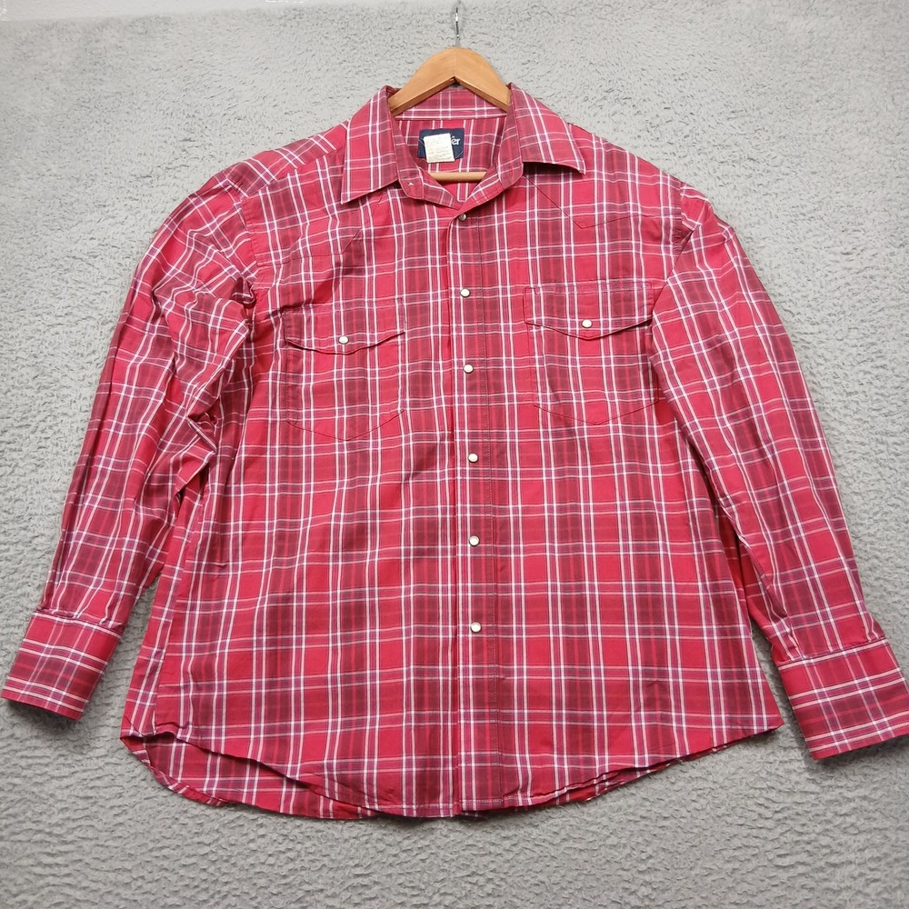 Wrangler Western Snap Men's XL Red Plaid Long‎ Sleeve Pearl Snap Cotton Read